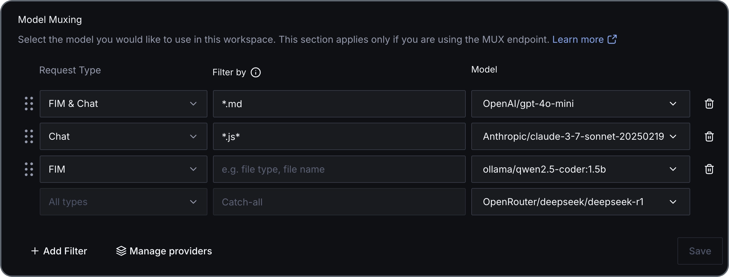 Example muxing rules An example showing several muxing rules for different file types