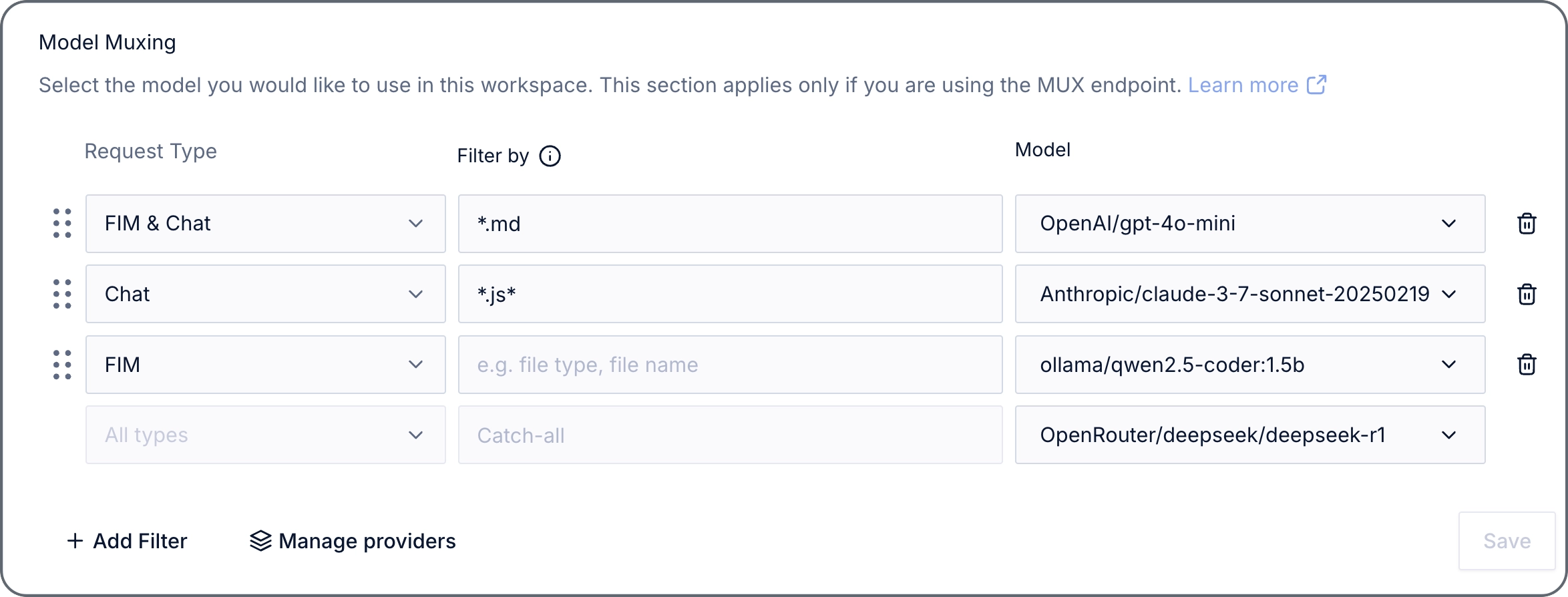 Example muxing rules An example showing several muxing rules for different file types
