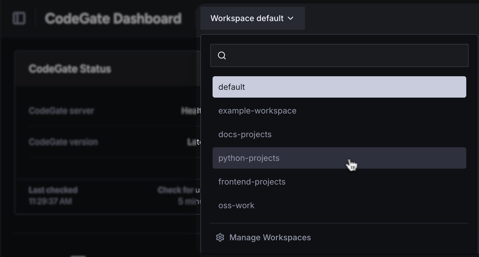 Workspace menu The workspace drop-down menu in the CodeGate dashboard