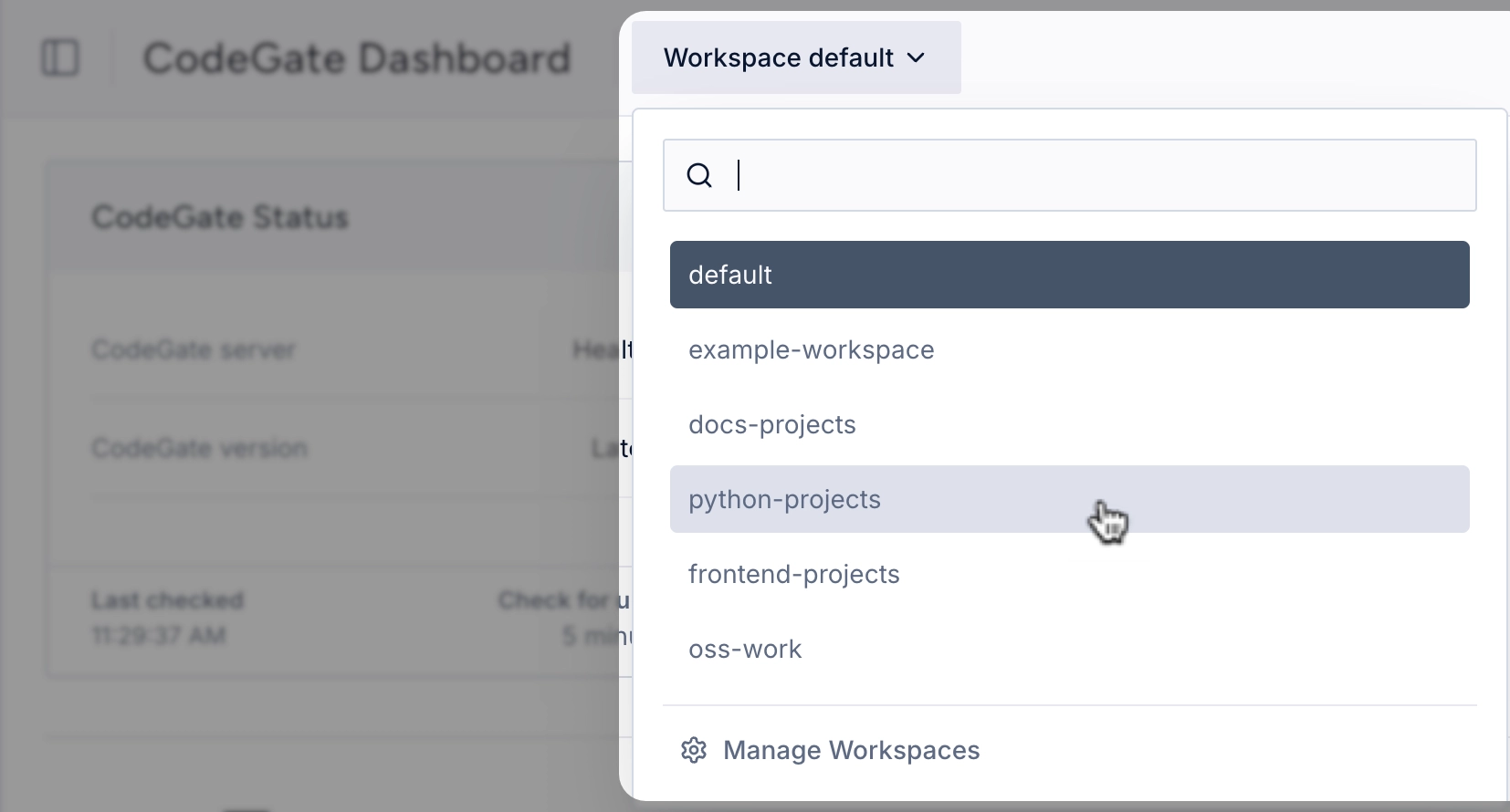 Workspace menu The workspace drop-down menu in the CodeGate dashboard
